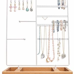 White Jewelry Organizer with Wooden Base for Necklaces, bracelets, and earrings.